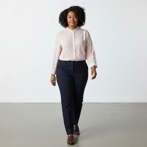 Loft Plus Womens 20 Pinkish Cream With Blue Birds Button Ruffle Neck Chiffon Top